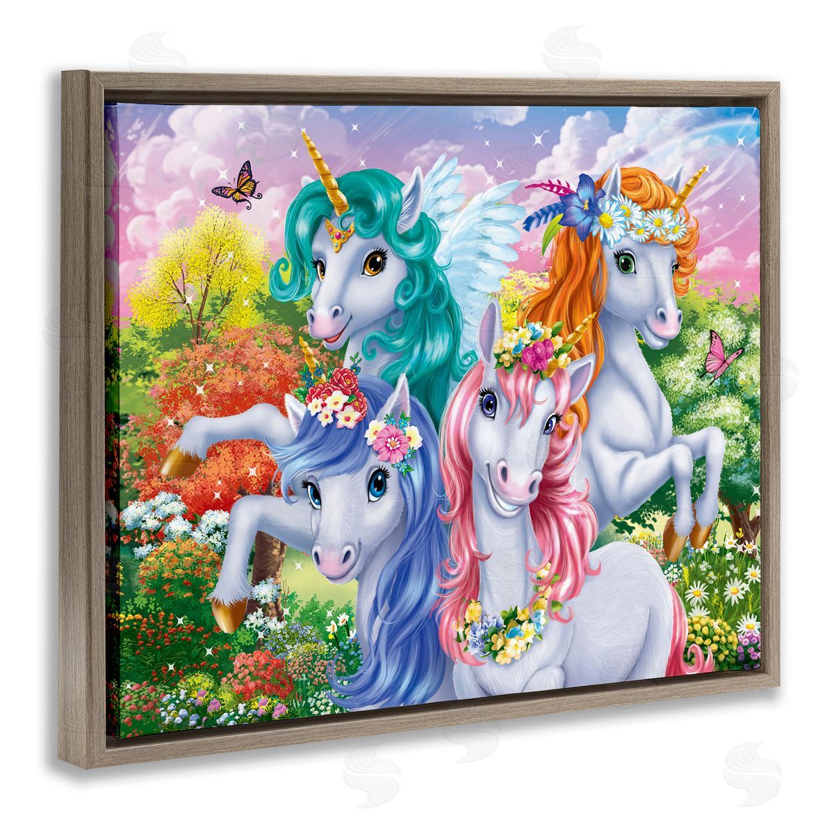 Cute Unicorn Selfie Brown Floating Frame Canvas Wall Art, Home Decor by Image World