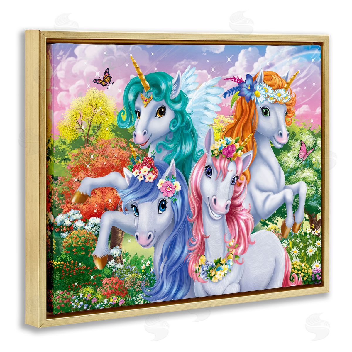 Cute Unicorn Selfie Gold Floating Frame Canvas Wall Art, Home Decor by Image World