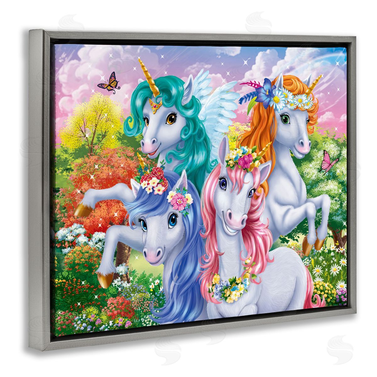 Cute Unicorn Selfie Grey Floating Frame Canvas Wall Art, Home Decor by Image World