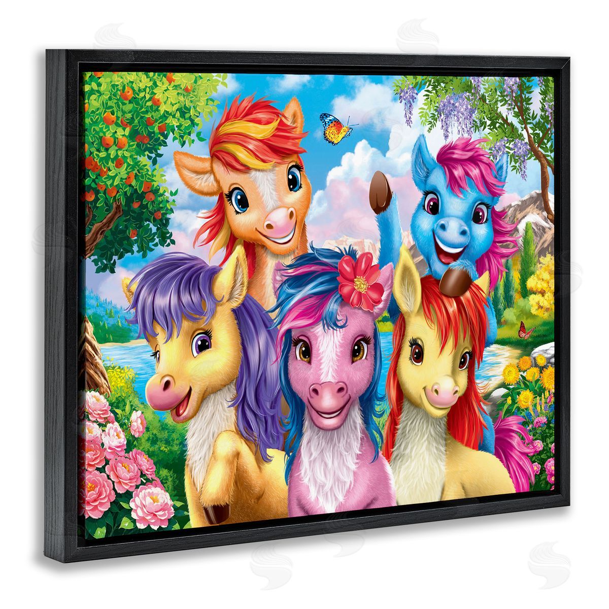 Bright Ponies Selfie Black Floating Frame Canvas Wall Art, Home Decor by Image World