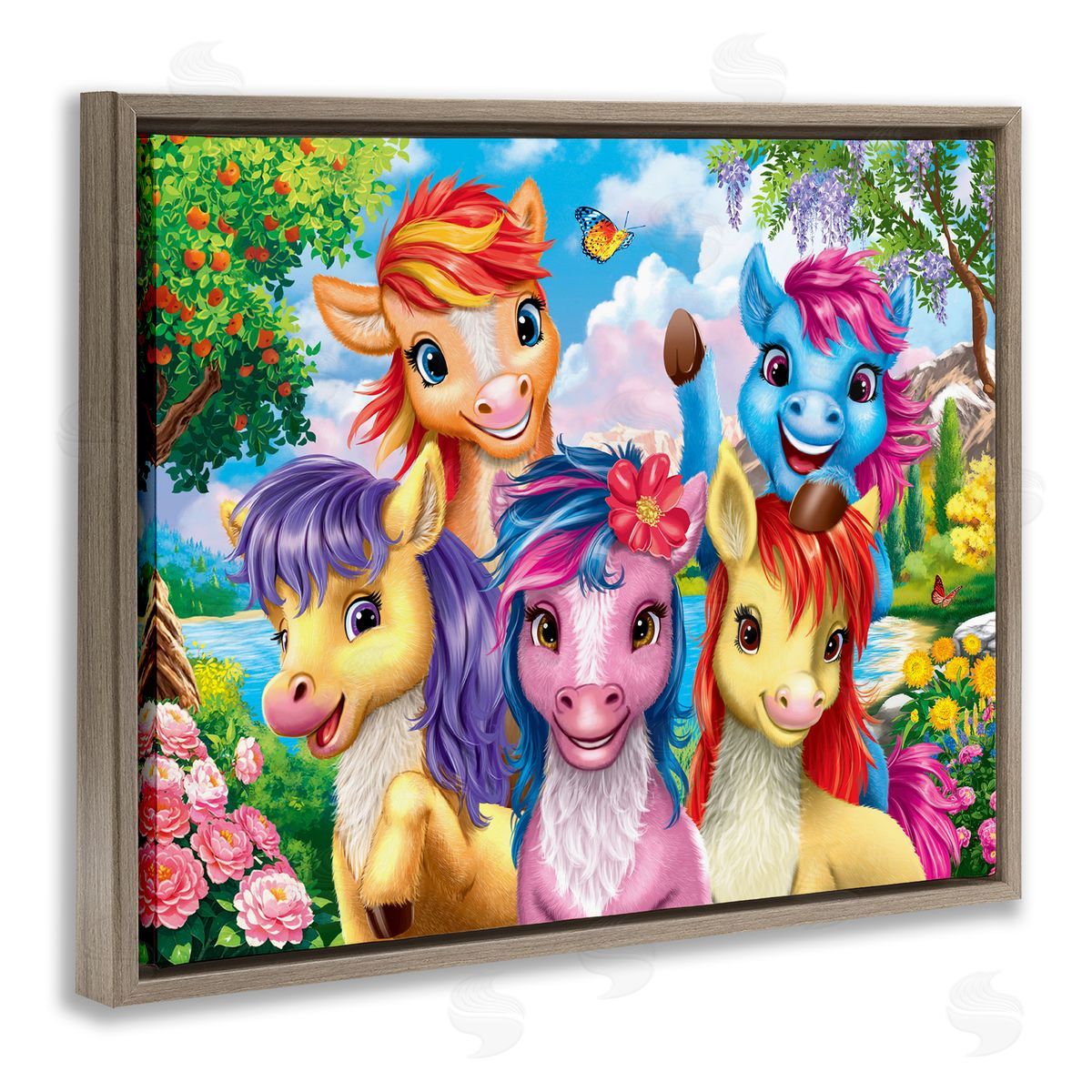 Bright Ponies Selfie Brown Floating Frame Canvas Wall Art, Home Decor by Image World