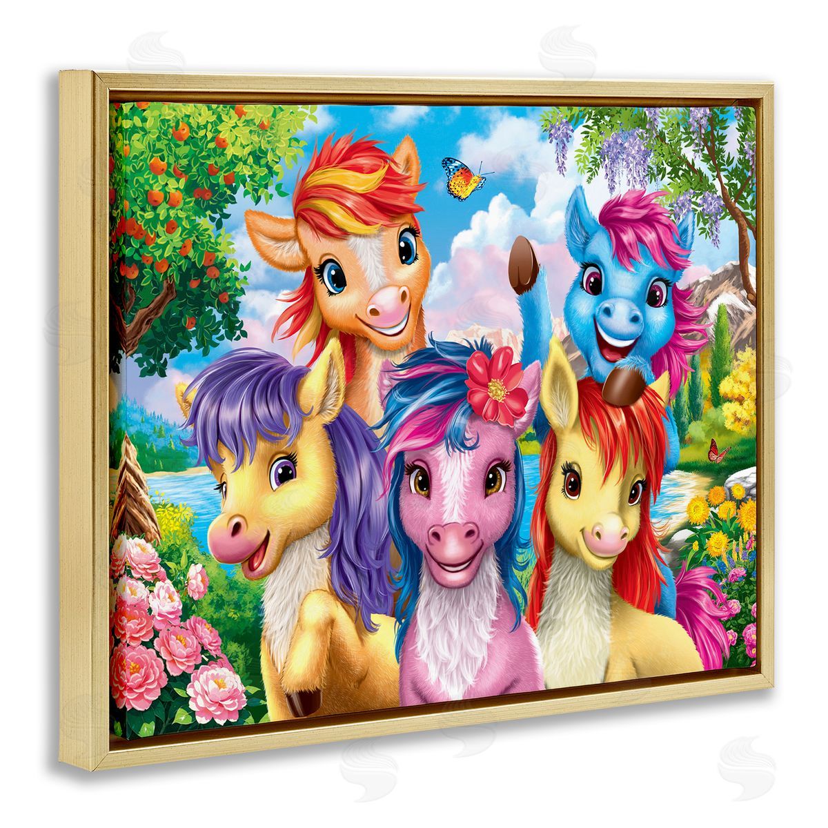 Bright Ponies Selfie Gold Floating Frame Canvas Wall Art, Home Decor by Image World