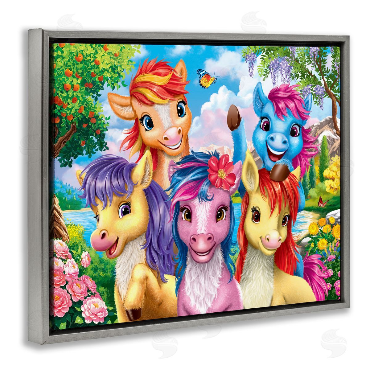Bright Ponies Selfie Grey Floating Frame Canvas Wall Art, Home Decor by Image World