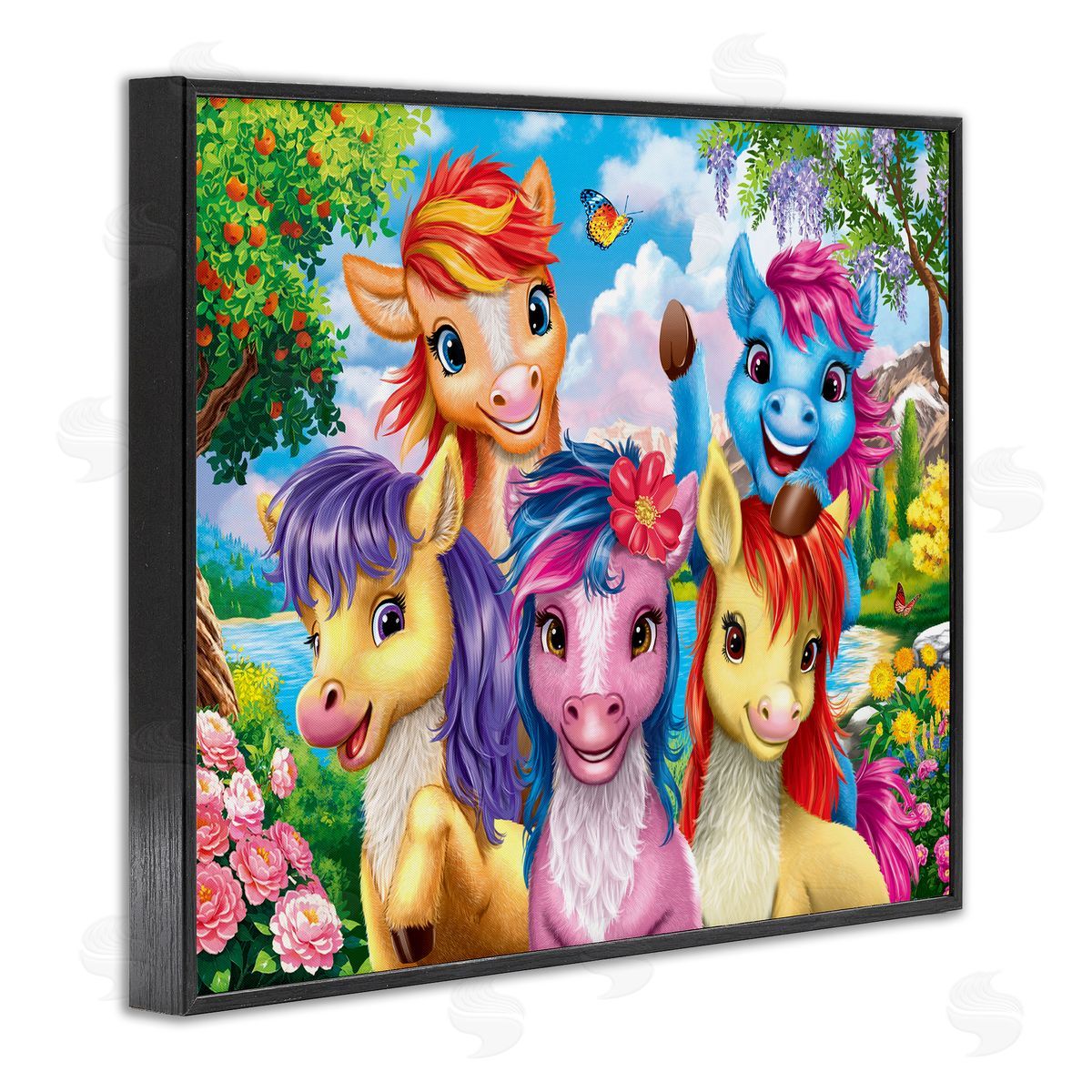 Bright Ponies Selfie Black Frame Print Wall Art, Home Decor by Image World