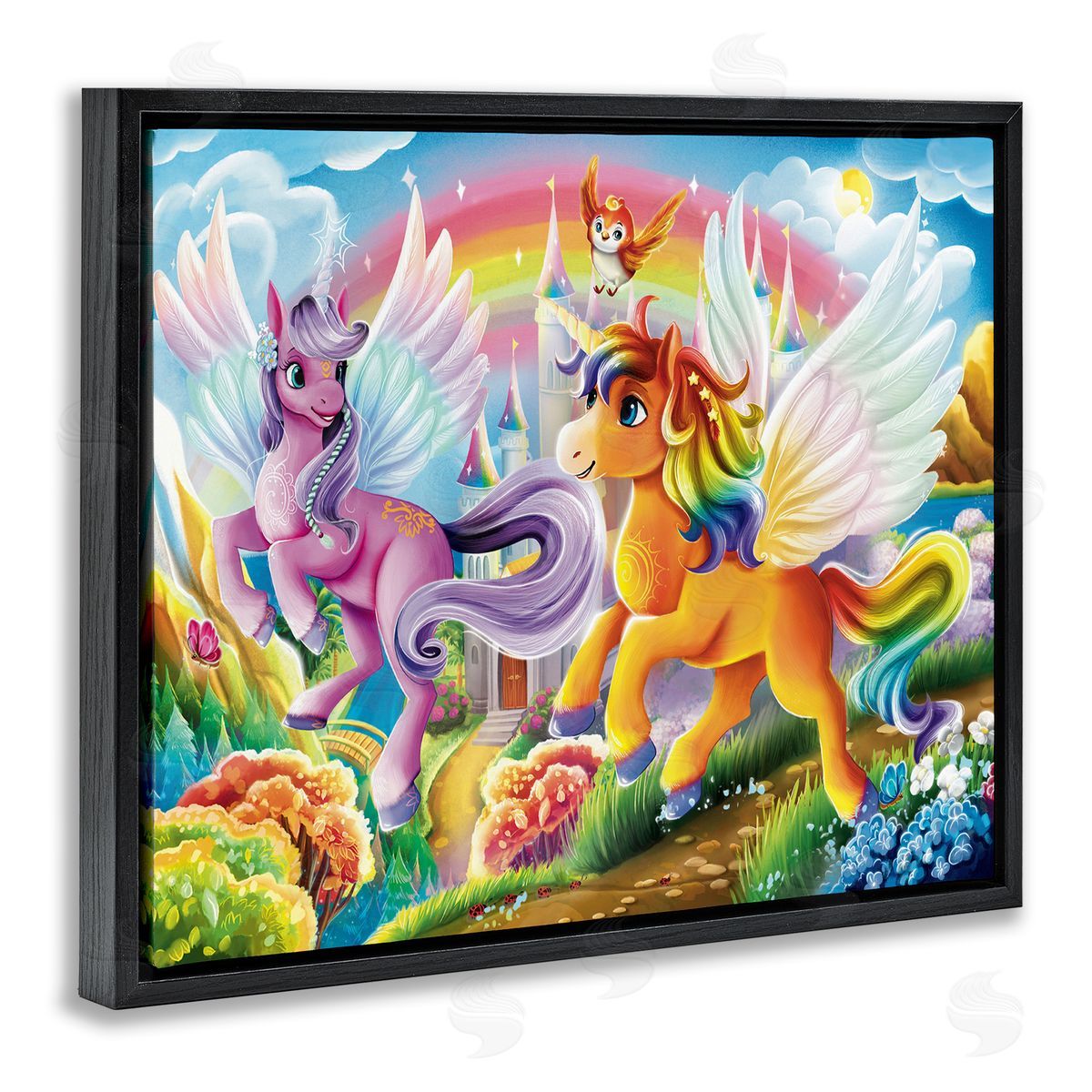 Fluttering Unicorns & Rainbow Black Floating Frame Canvas Wall Art, Home Decor by Image World