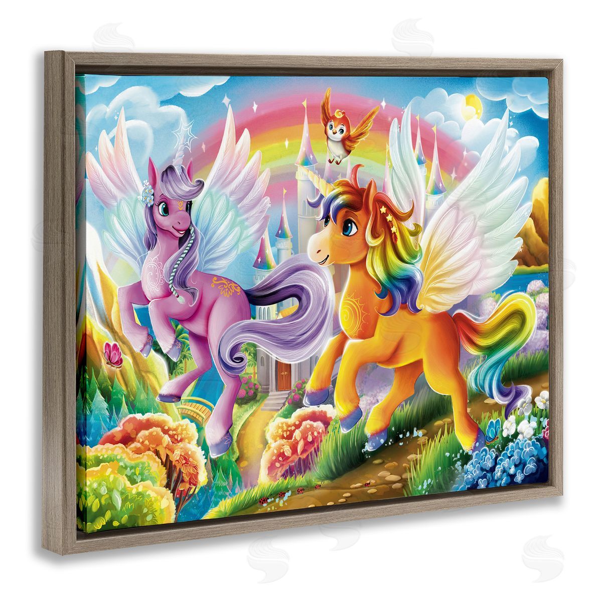 Fluttering Unicorns & Rainbow Brown Floating Frame Canvas Wall Art, Home Decor by Image World
