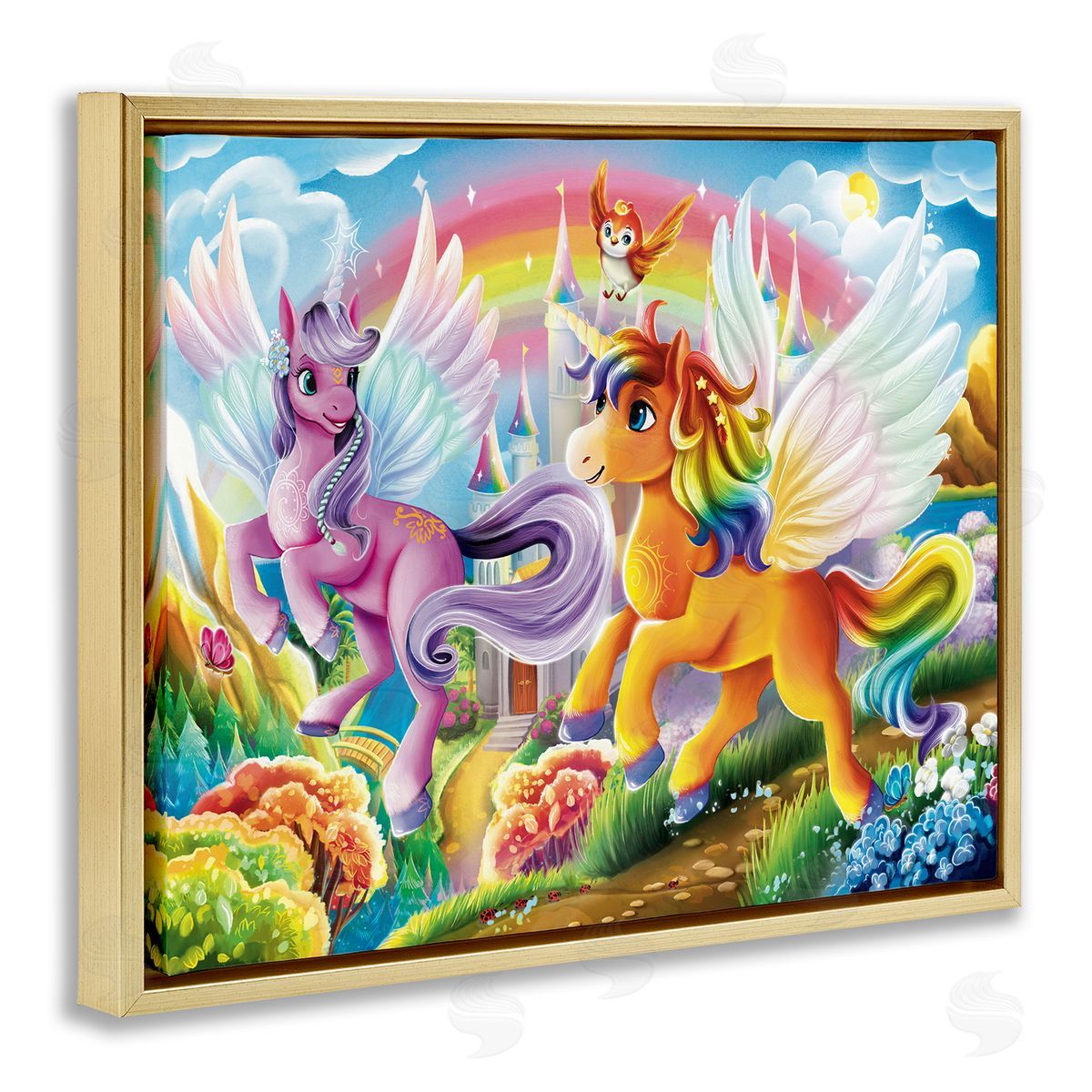 Fluttering Unicorns & Rainbow Gold Floating Frame Canvas Wall Art, Home Decor by Image World