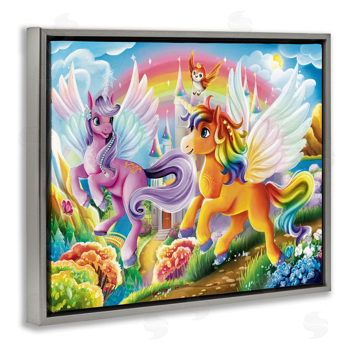 Fluttering Unicorns & Rainbow Grey Floating Frame Canvas Wall Art, Home Decor by Image World