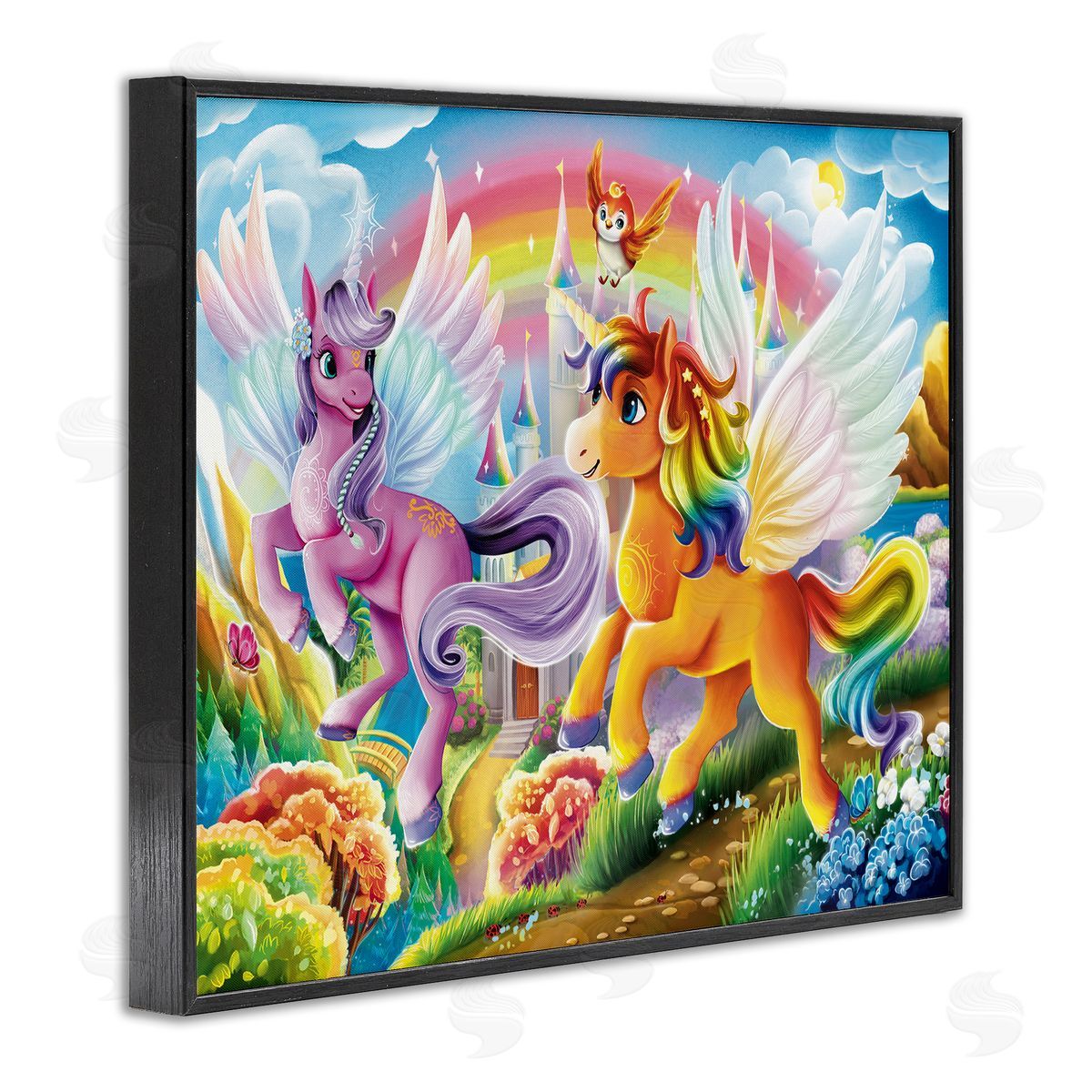 Fluttering Unicorns & Rainbow Black Frame Print Wall Art, Home Decor by Image World