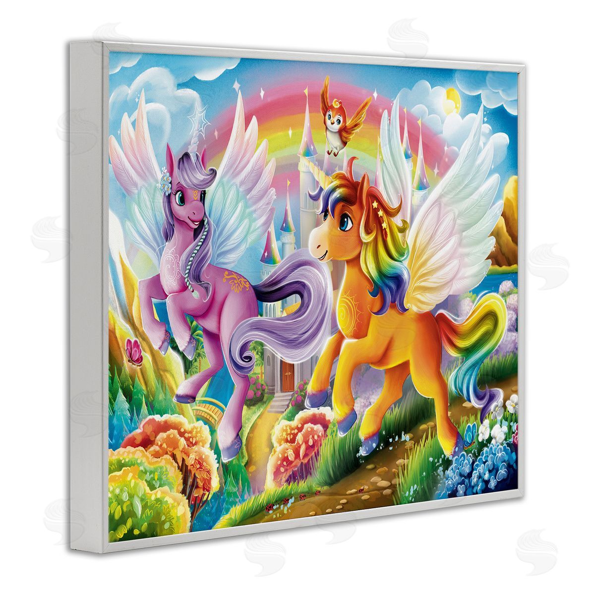 Fluttering Unicorns & Rainbow White Frame Print Wall Art, Home Decor by Image World