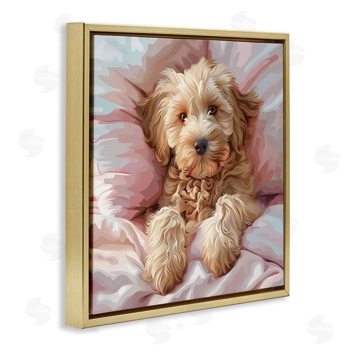 Cuddling Labradoodle Bed Gold Floating Frame Canvas Wall Art, Home Decor by Jim Baldwin