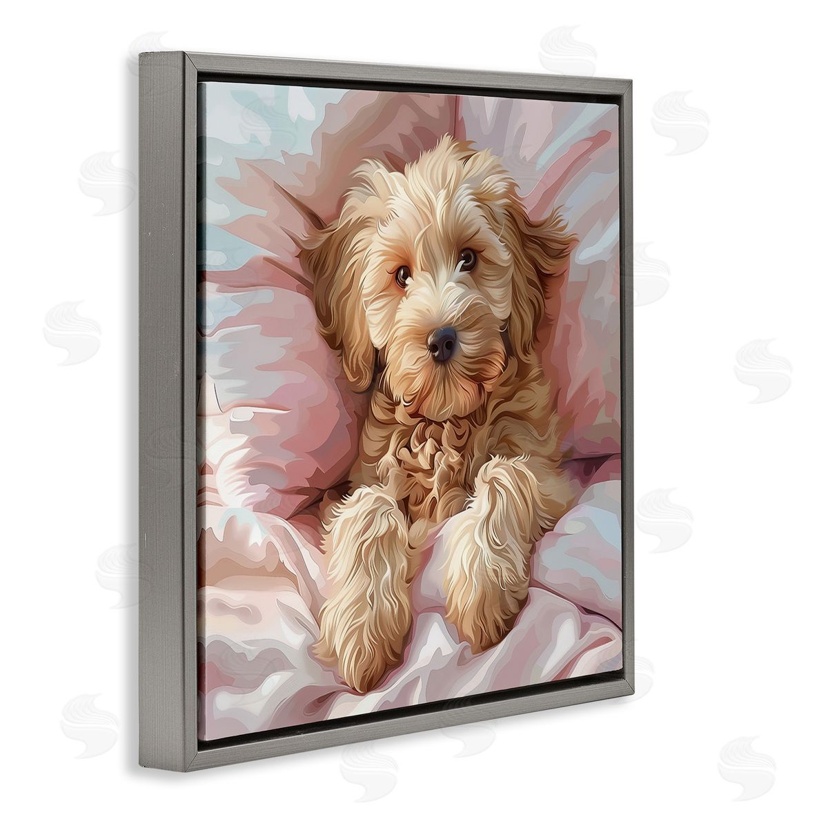 Cuddling Labradoodle Bed Grey Floating Frame Canvas Wall Art, Home Decor by Jim Baldwin