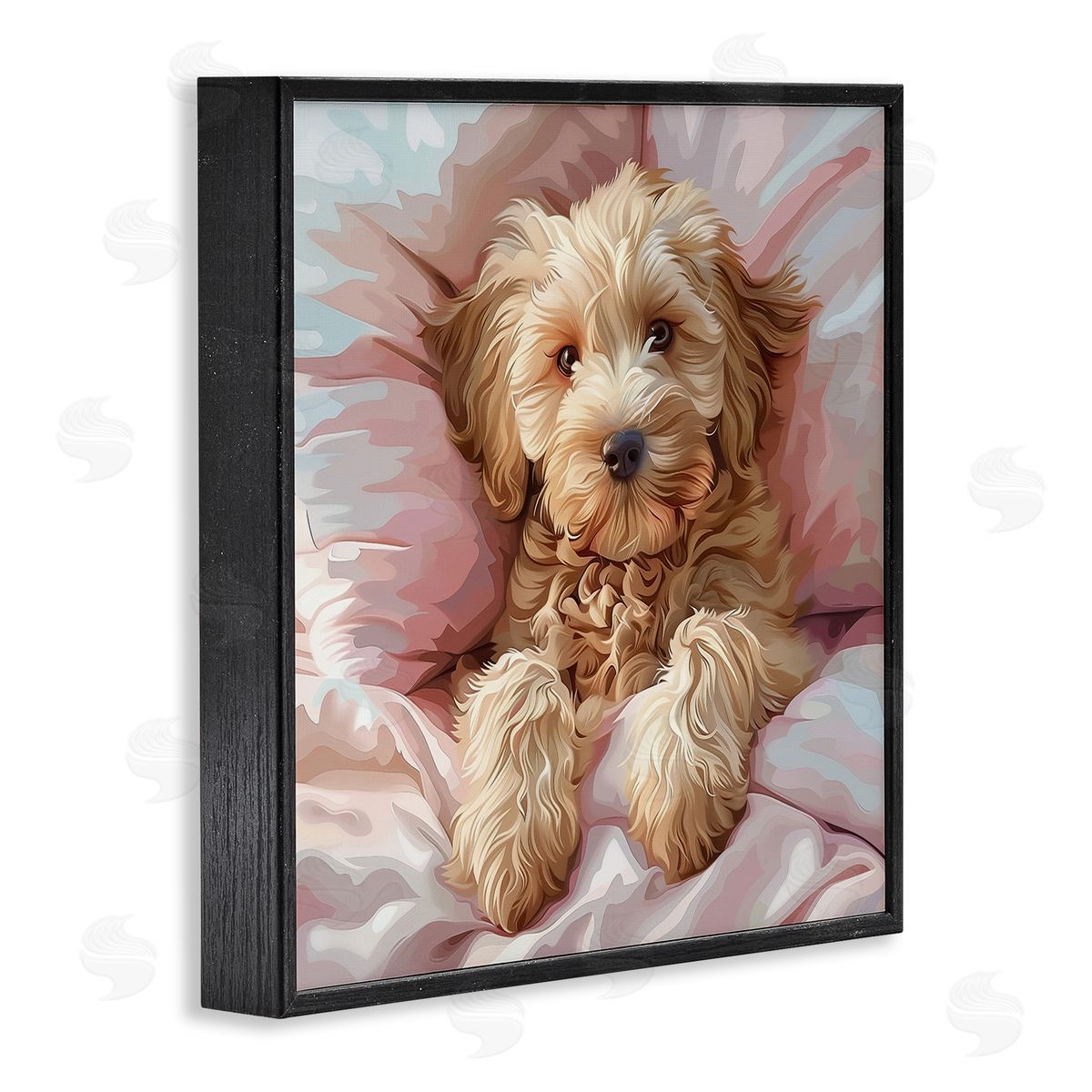 Cuddling Labradoodle Bed Black Frame Print Wall Art, Home Decor by Jim Baldwin