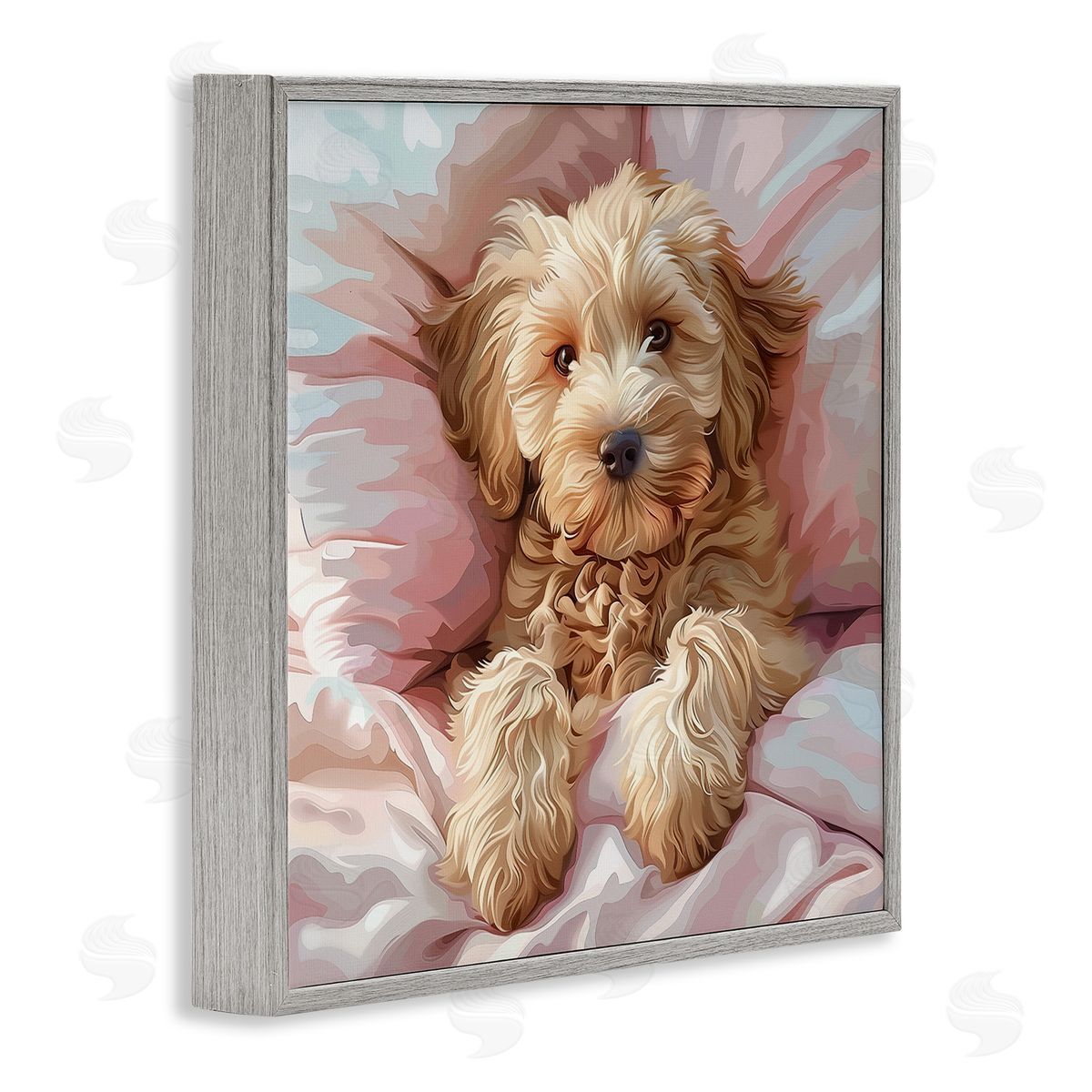 Cuddling Labradoodle Bed Grey Frame Print Wall Art, Home Decor by Jim Baldwin