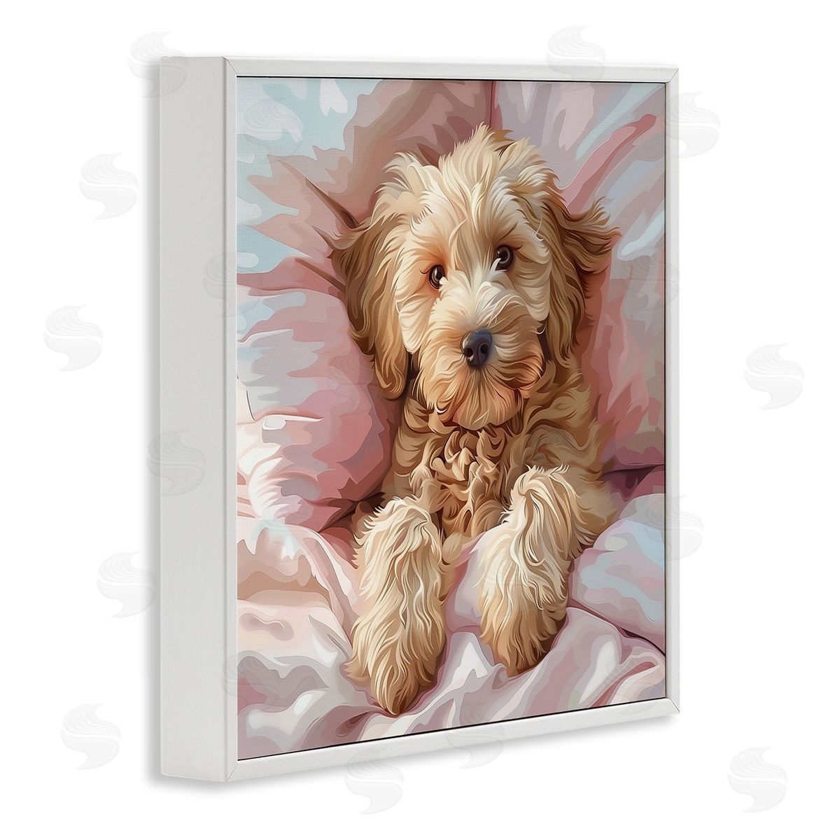 Cuddling Labradoodle Bed White Frame Print Wall Art, Home Decor by Jim Baldwin