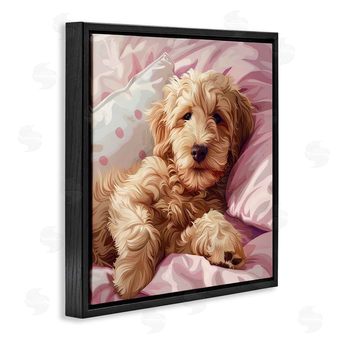 Sleepy Labradoodle in Bed Black Floating Frame Canvas Wall Art, Home Decor by Jim Baldwin