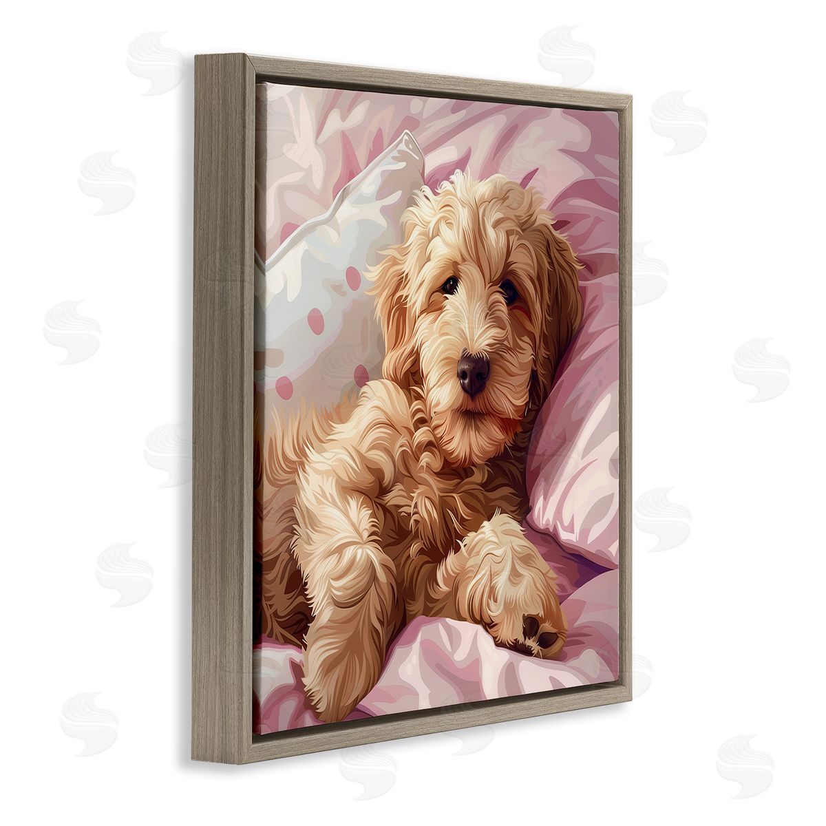 Sleepy Labradoodle in Bed Brown Floating Frame Canvas Wall Art, Home Decor by Jim Baldwin