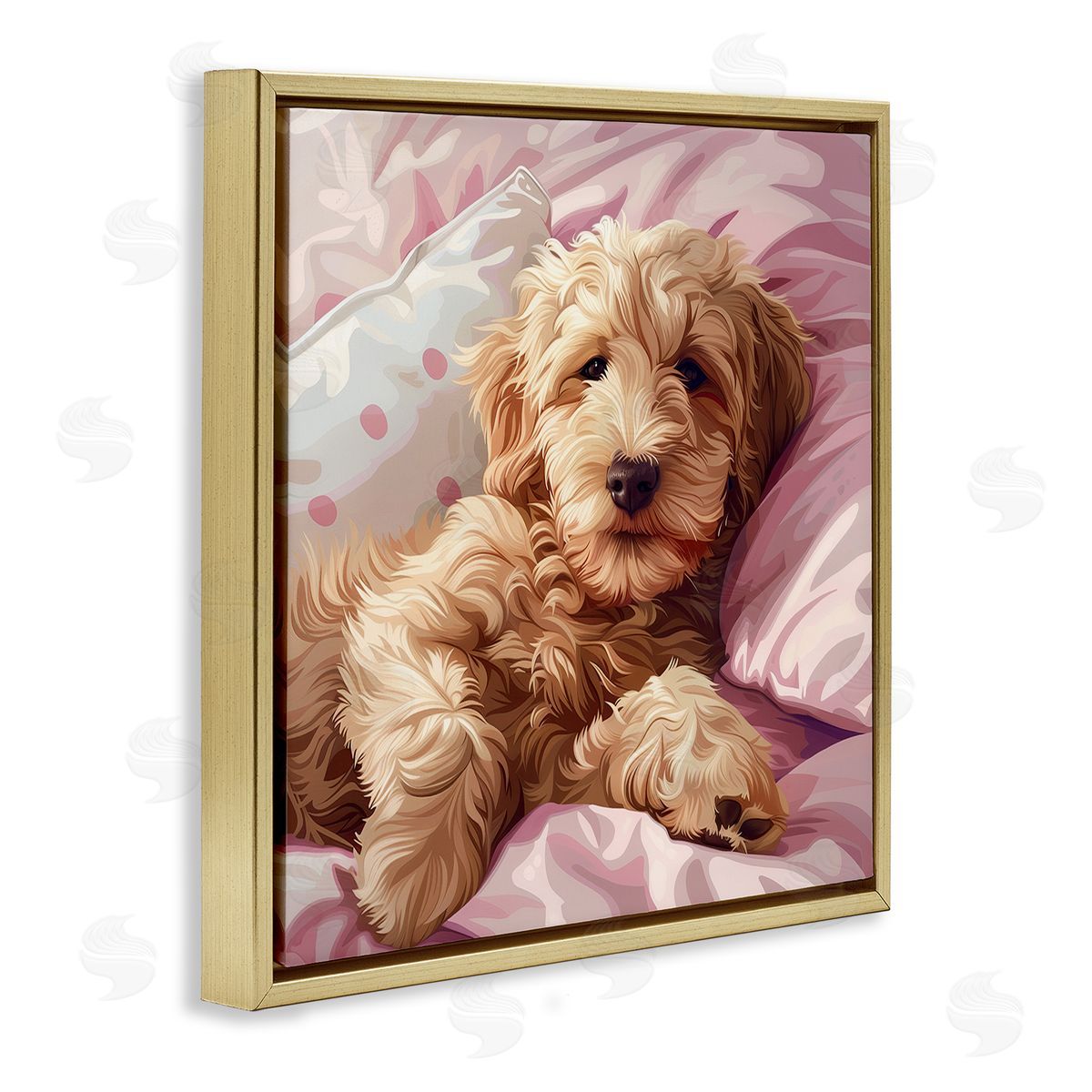 Sleepy Labradoodle in Bed Gold Floating Frame Canvas Wall Art, Home Decor by Jim Baldwin