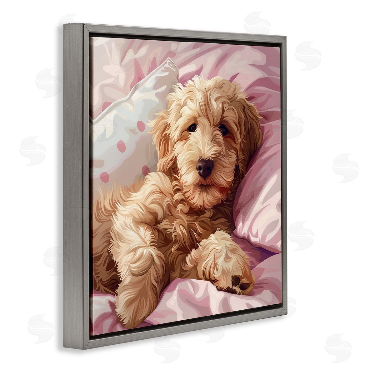 Sleepy Labradoodle in Bed Grey Floating Frame Canvas Wall Art, Home Decor by Jim Baldwin