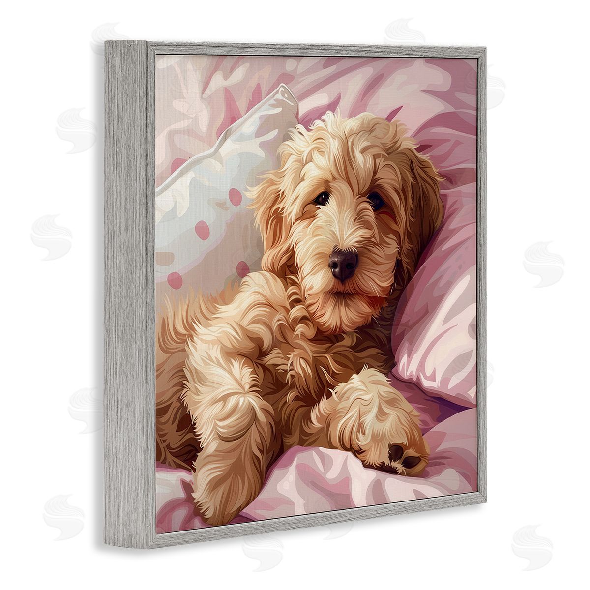 Sleepy Labradoodle in Bed Grey Frame Print Wall Art, Home Decor by Jim Baldwin