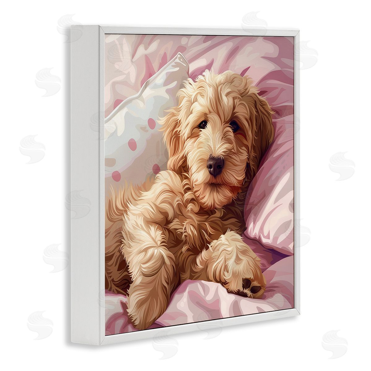 Sleepy Labradoodle in Bed White Frame Print Wall Art, Home Decor by Jim Baldwin