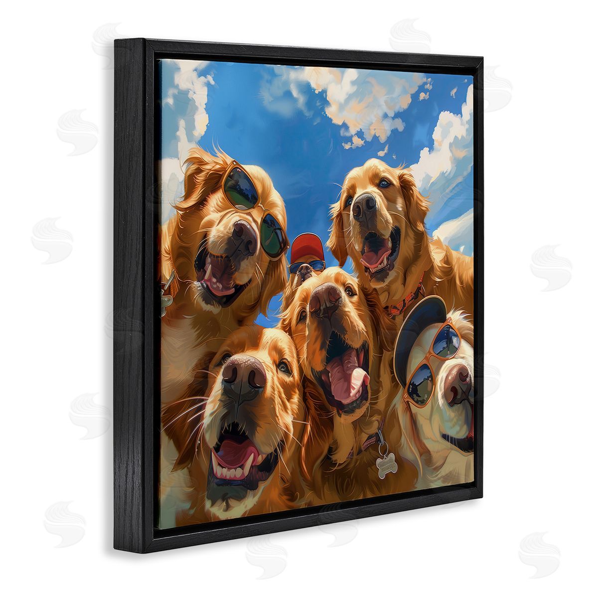 Golden Retriever Group Selfie Black Floating Frame Canvas Wall Art, Home Decor by Jim Baldwin