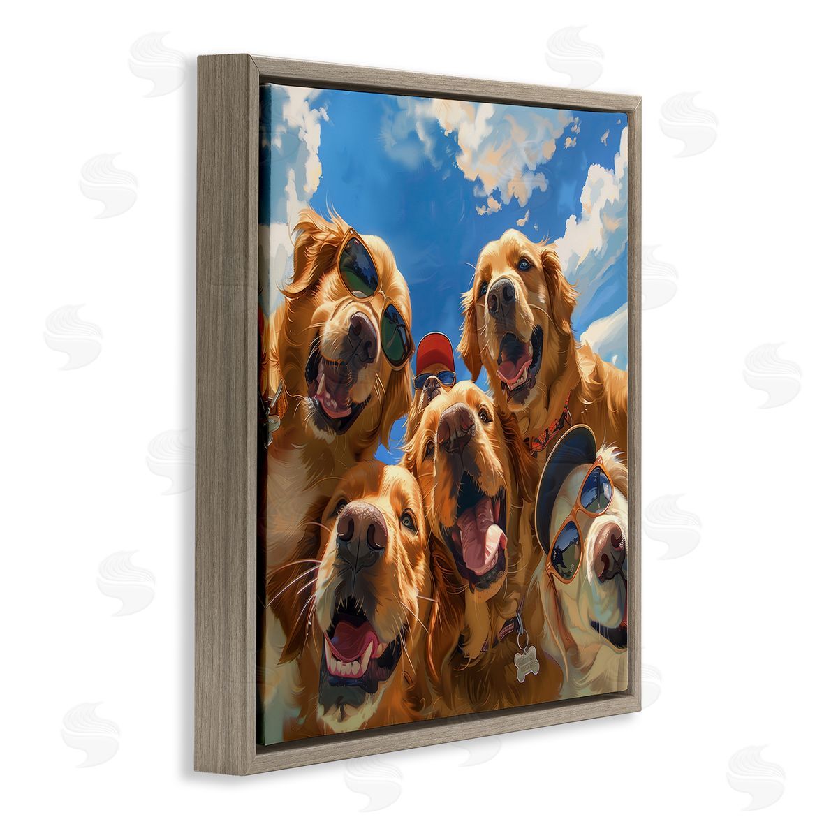 Golden Retriever Group Selfie Brown Floating Frame Canvas Wall Art, Home Decor by Jim Baldwin