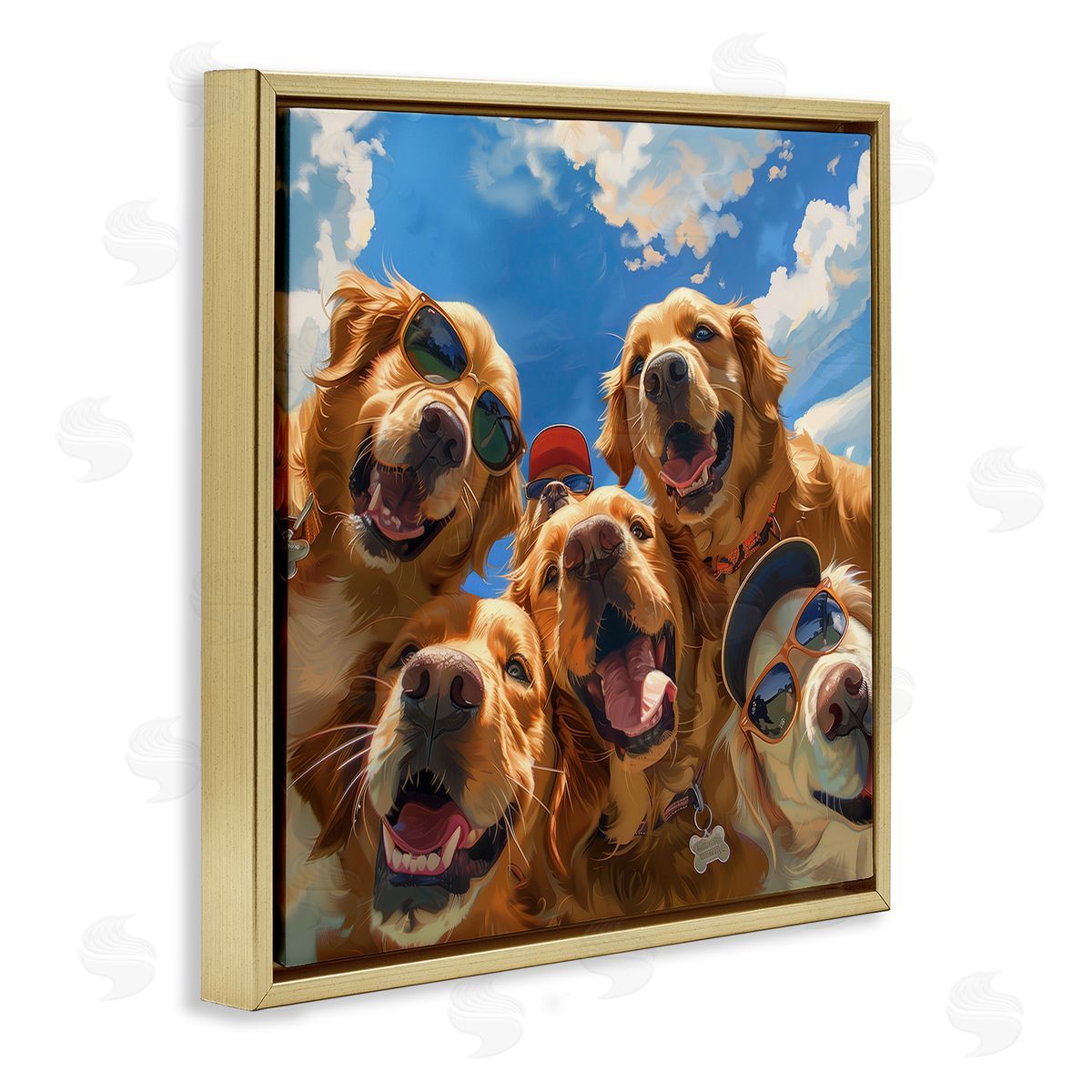 Golden Retriever Group Selfie Gold Floating Frame Canvas Wall Art, Home Decor by Jim Baldwin