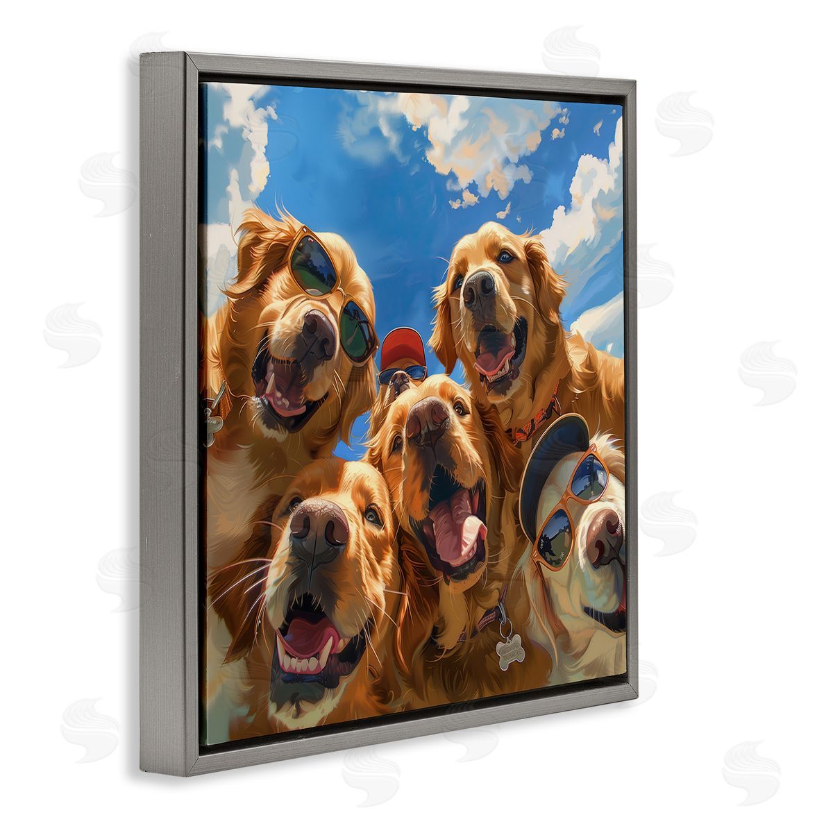 Golden Retriever Group Selfie Grey Floating Frame Canvas Wall Art, Home Decor by Jim Baldwin