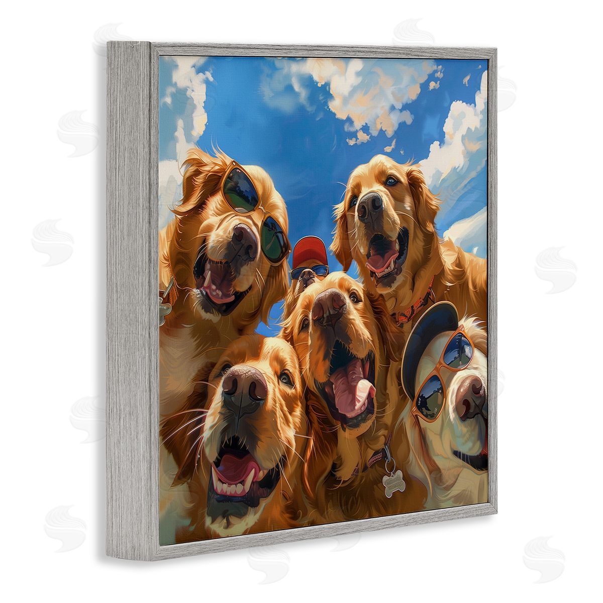 Golden Retriever Group Selfie Grey Frame Print Wall Art, Home Decor by Jim Baldwin