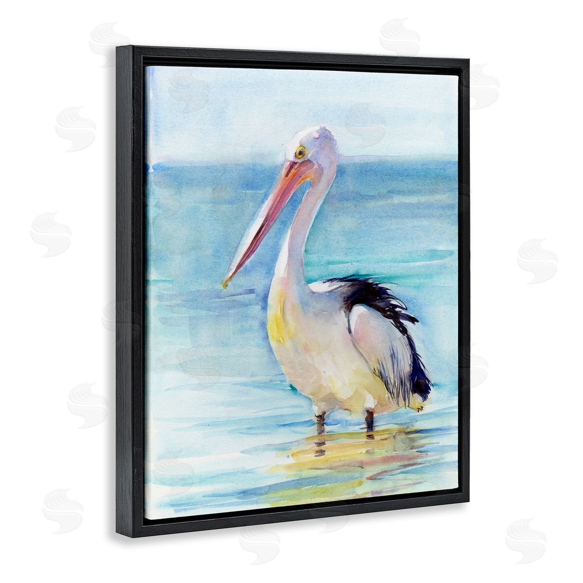 Pelican Wading in Sea Black Floating Frame Canvas Wall Art, Home Decor by John Keeling
