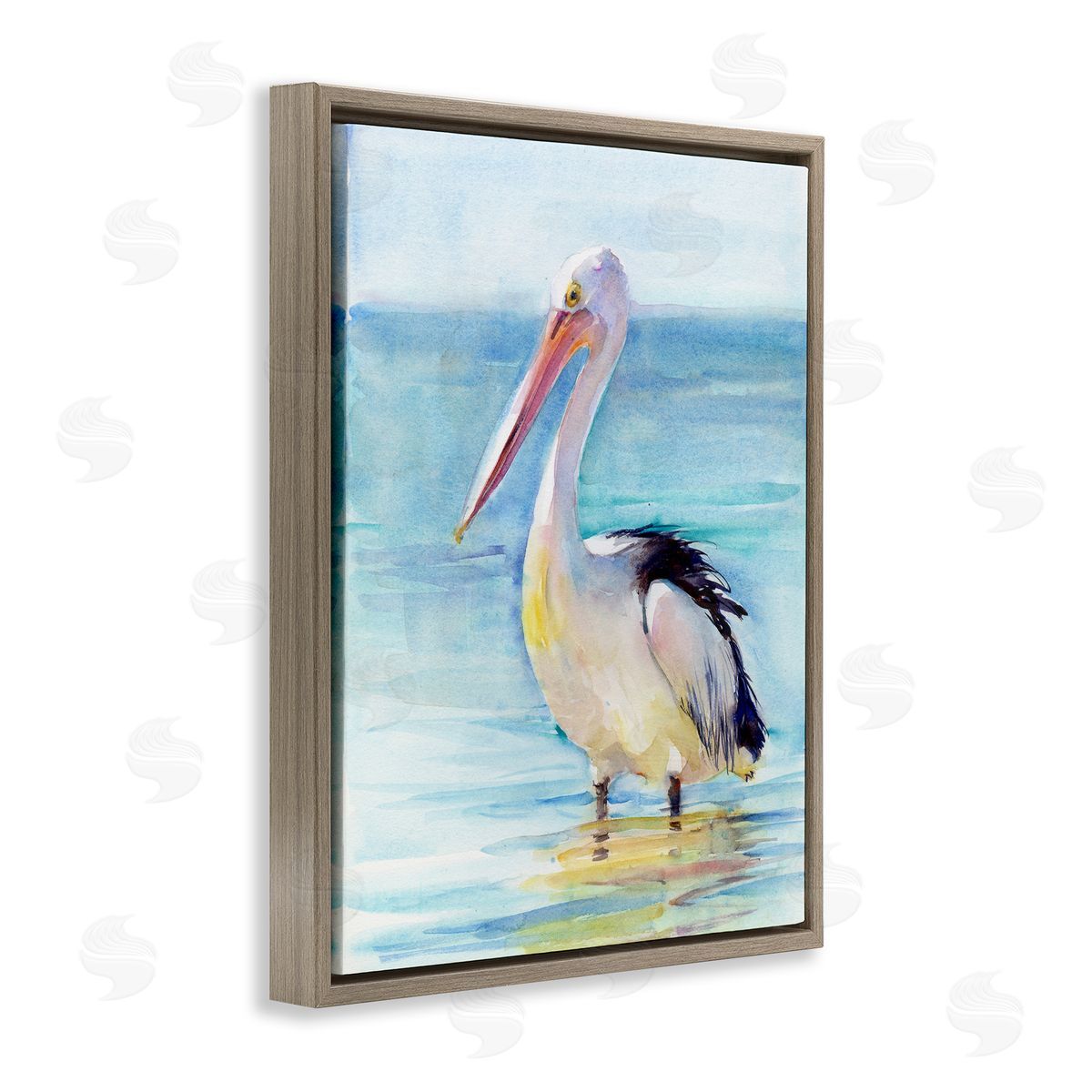 Pelican Wading in Sea Brown Floating Frame Canvas Wall Art, Home Decor by John Keeling