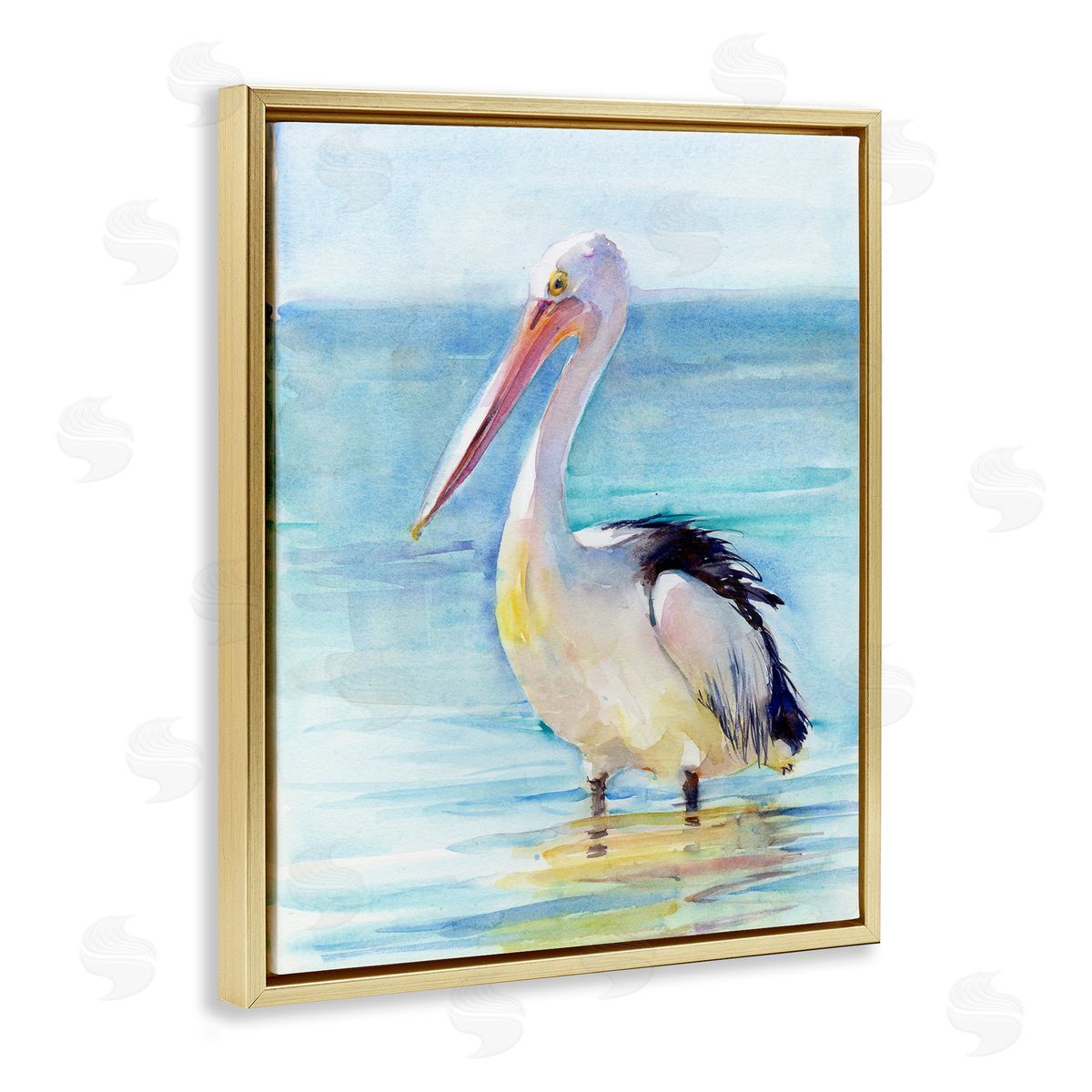 Pelican Wading in Sea Gold Floating Frame Canvas Wall Art, Home Decor by John Keeling