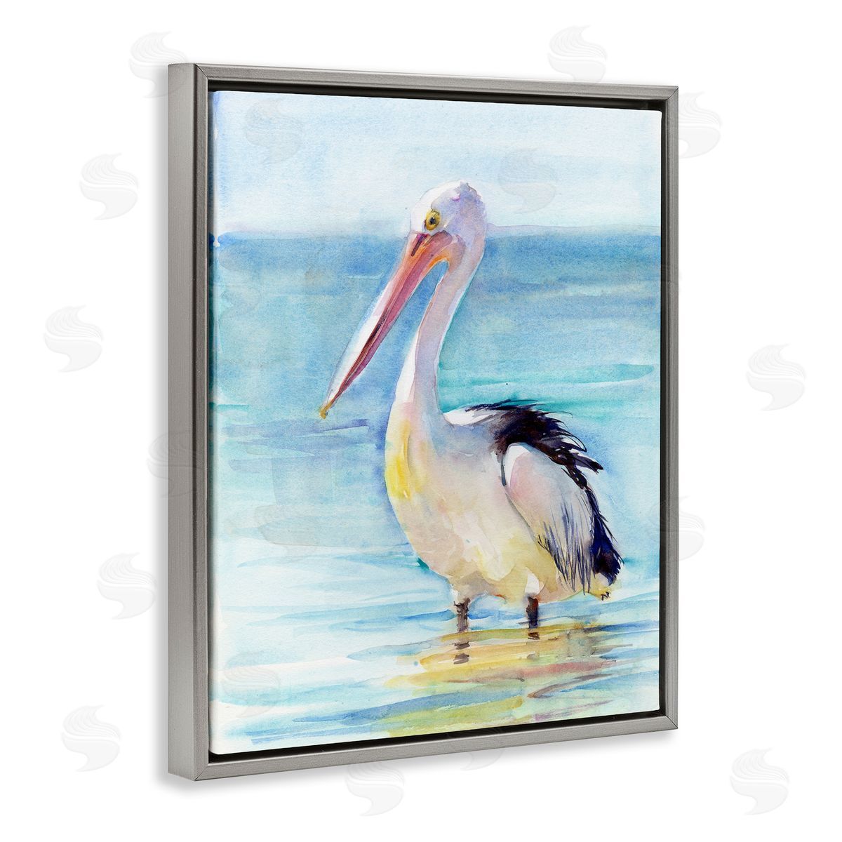 Pelican Wading in Sea Grey Floating Frame Canvas Wall Art, Home Decor by John Keeling