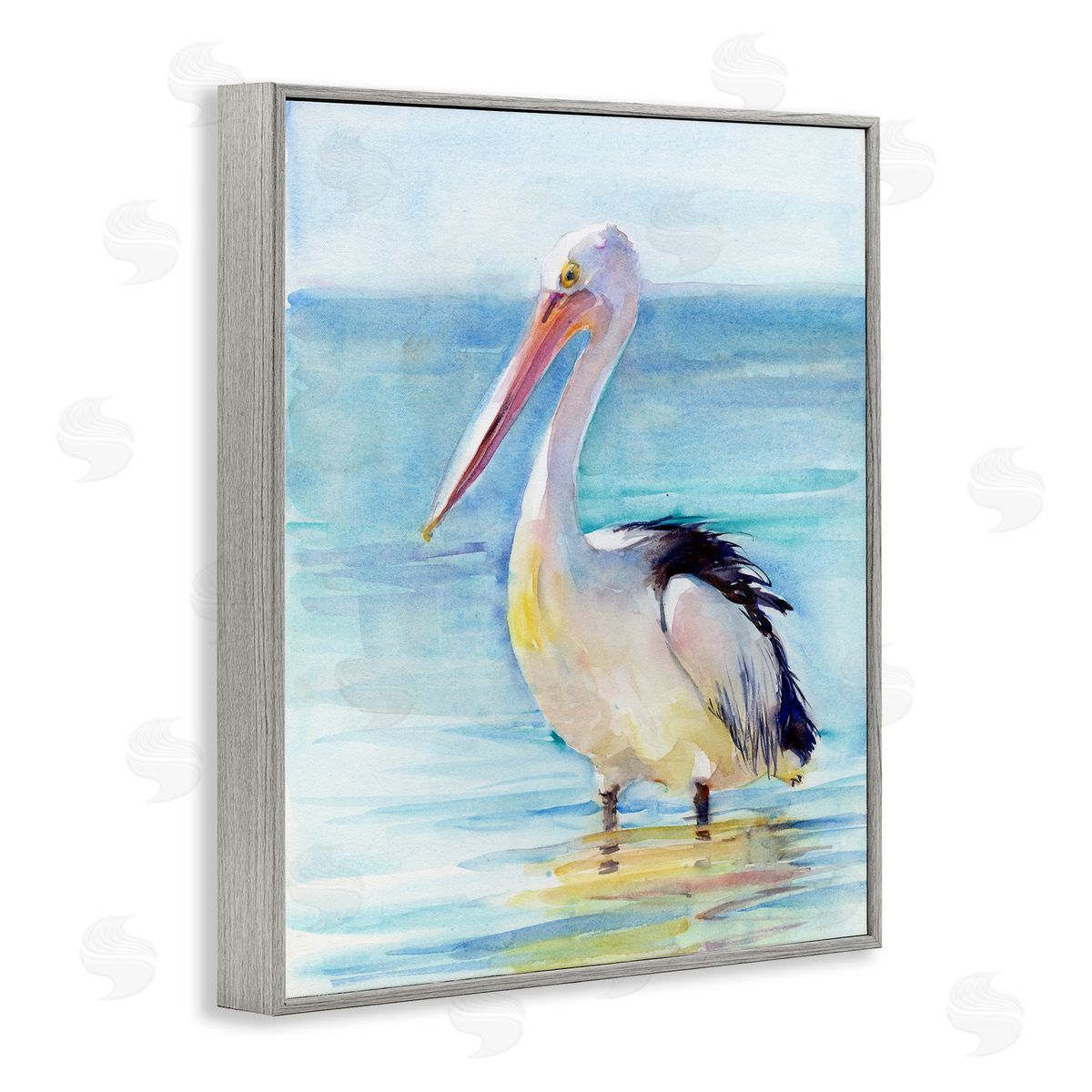 Pelican Wading in Sea Grey Frame Print Wall Art, Home Decor by John Keeling