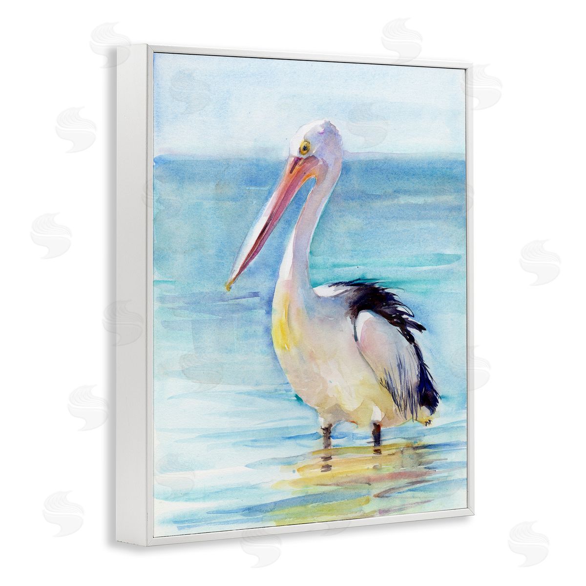 Pelican Wading in Sea White Frame Print Wall Art, Home Decor by John Keeling