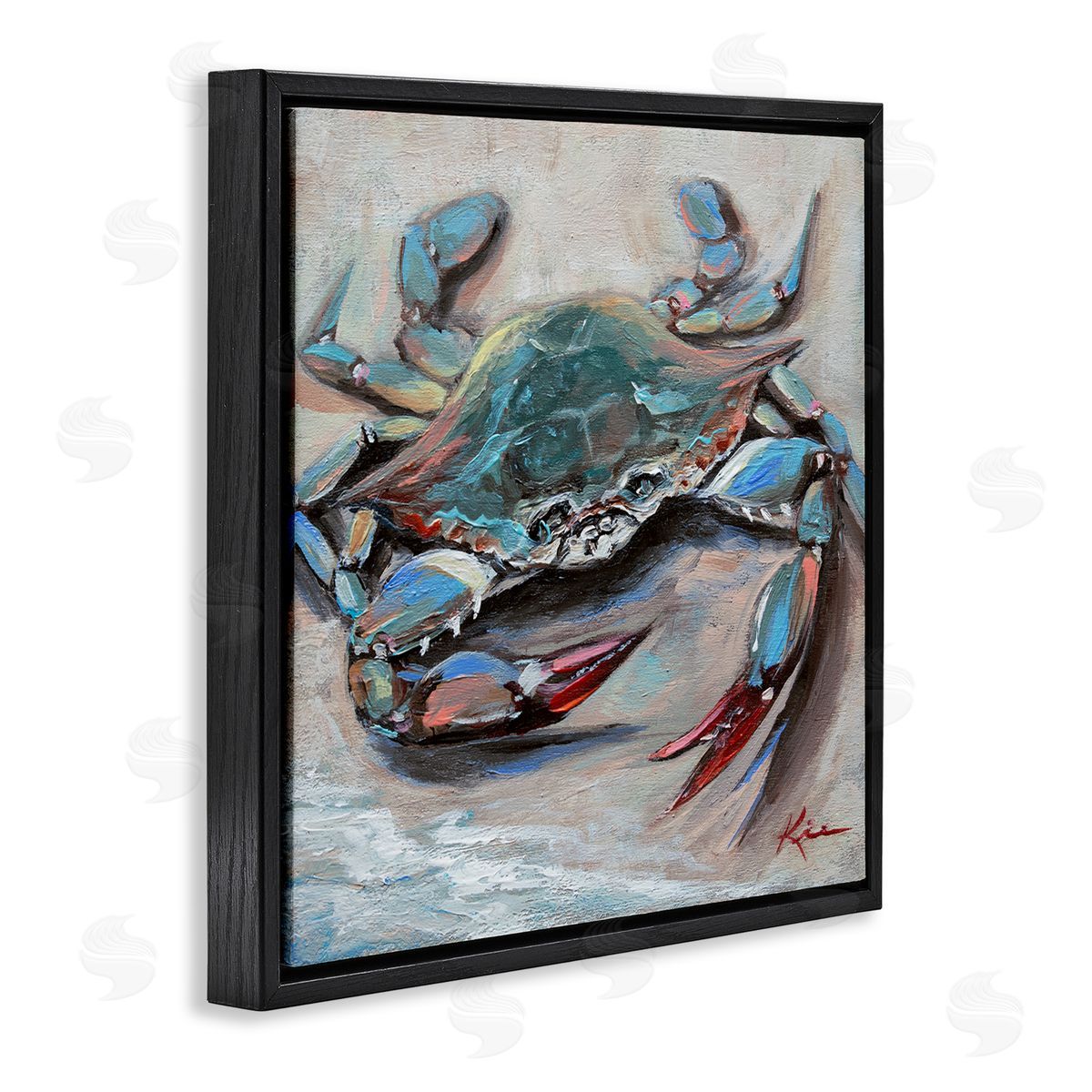Blue Crab with Red Claws Black Floating Frame Canvas Wall Art, Home Decor by Lindsay Kivi Fine Art