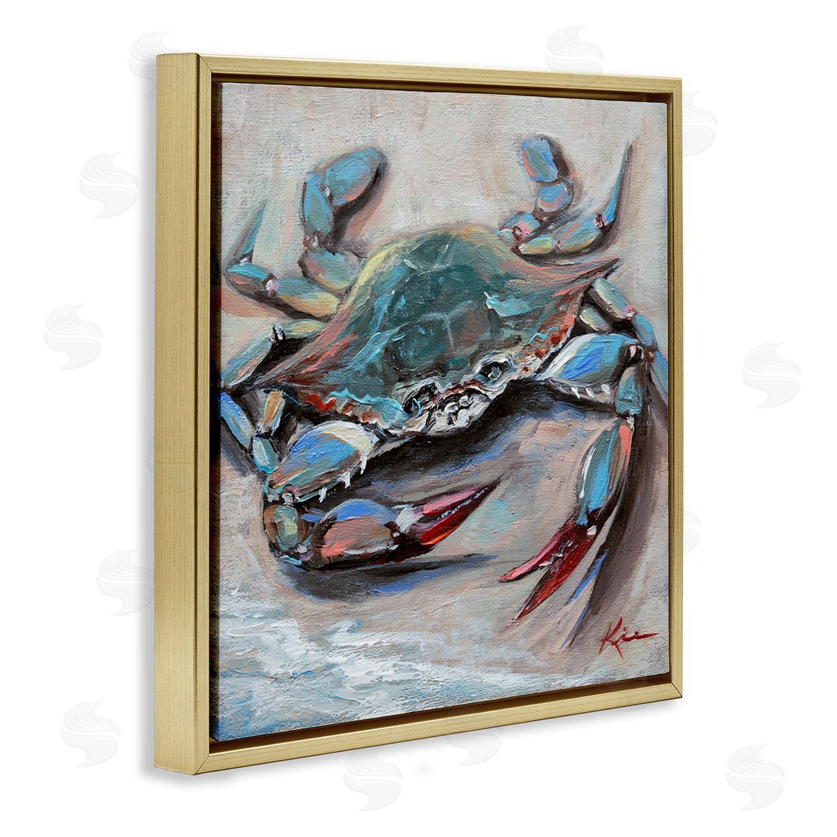 Blue Crab with Red Claws Gold Floating Frame Canvas Wall Art, Home Decor by Lindsay Kivi Fine Art