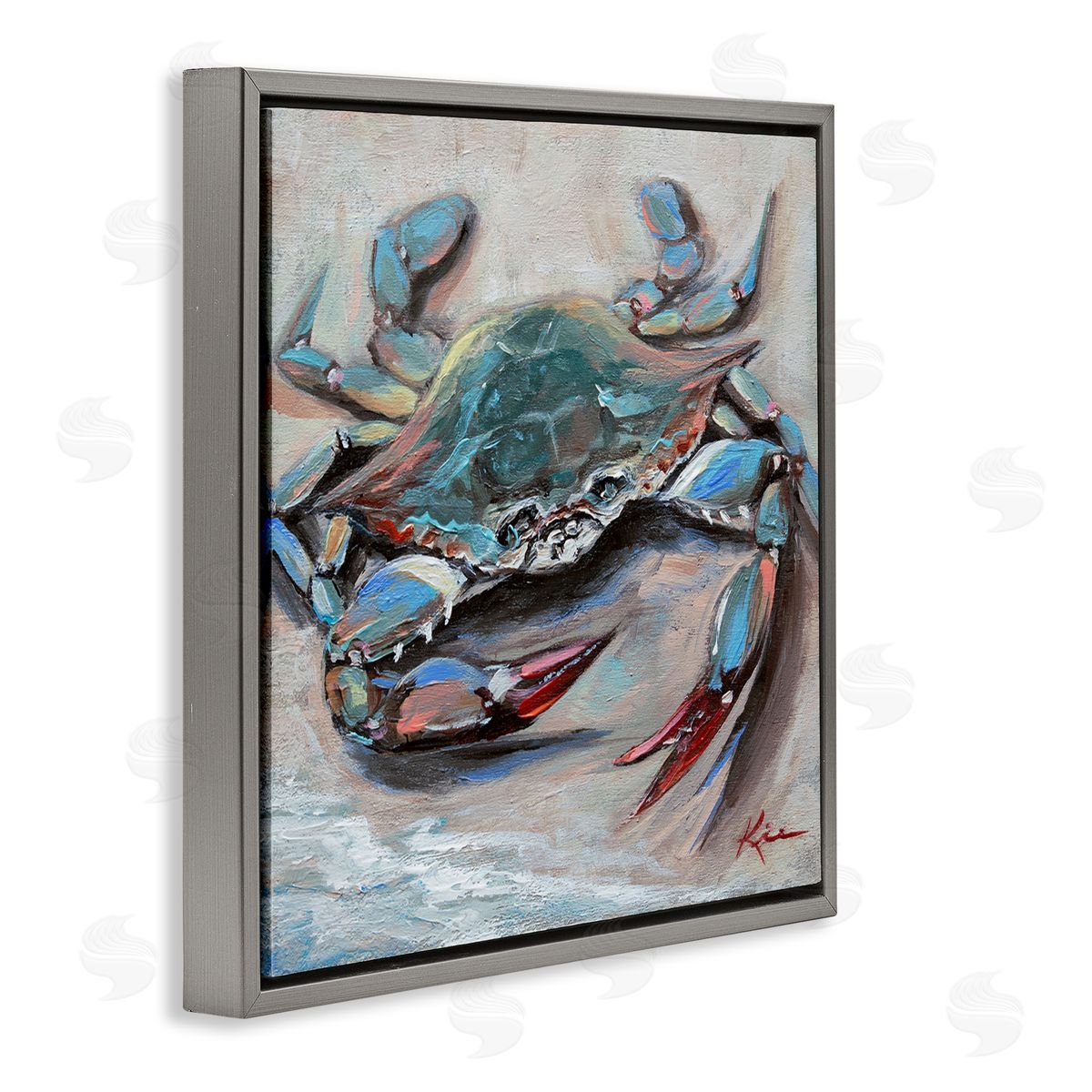 Blue Crab with Red Claws Grey Floating Frame Canvas Wall Art, Home Decor by Lindsay Kivi Fine Art