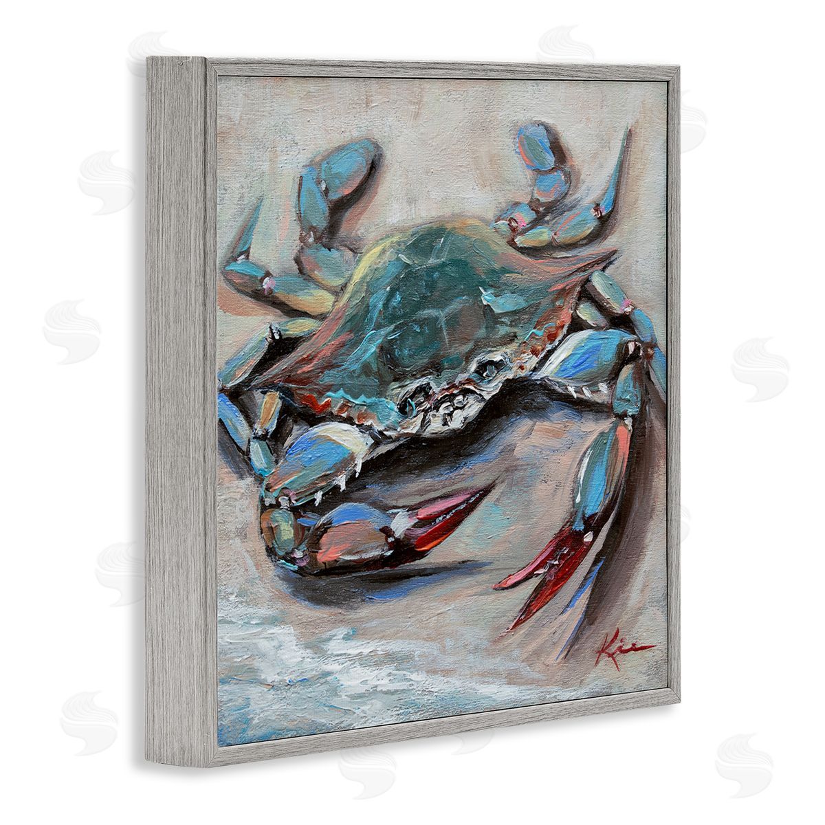 Blue Crab with Red Claws Grey Frame Print Wall Art, Home Decor by Lindsay Kivi Fine Art
