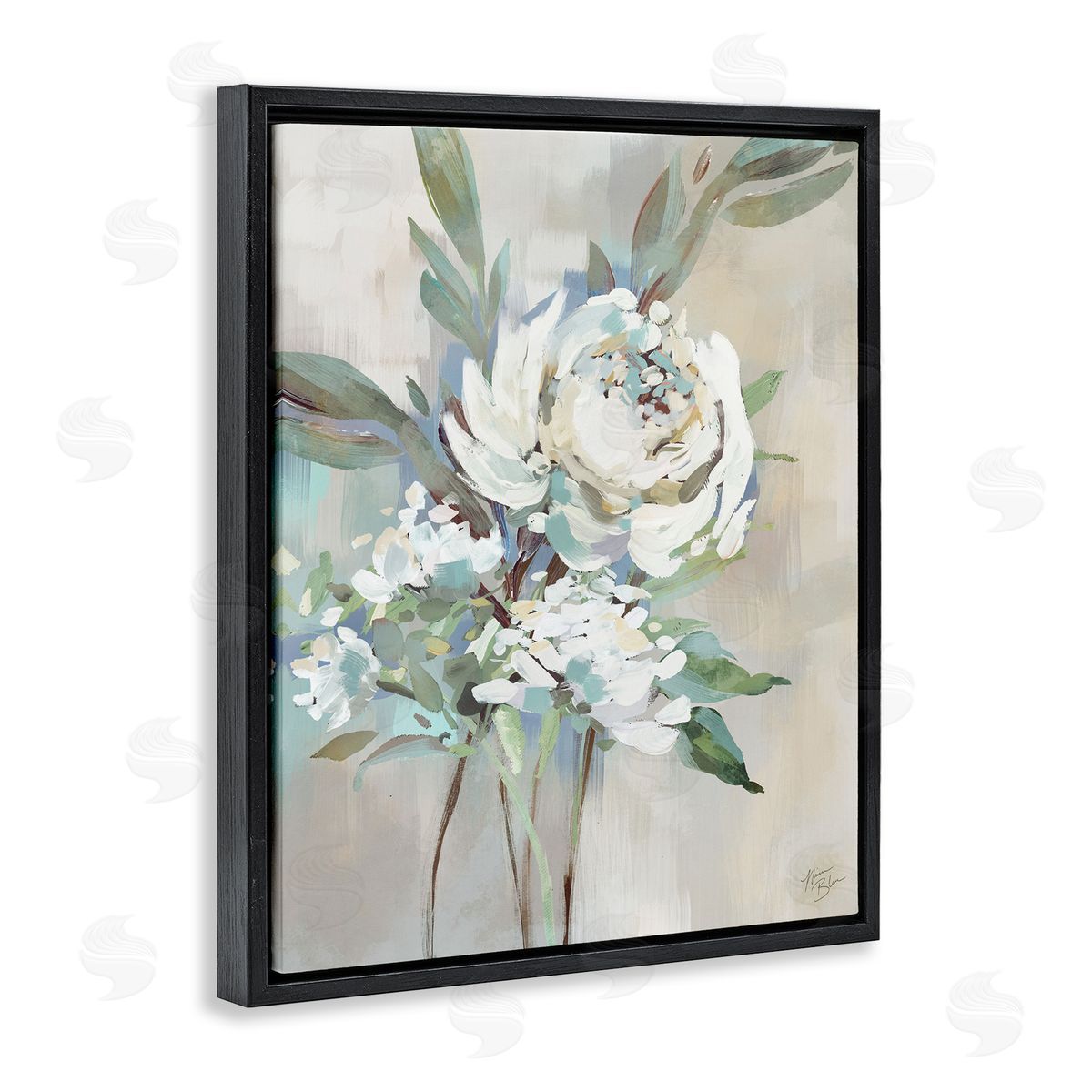 Antique Rose & Baby's Breath Black Floating Frame Canvas Wall Art, Home Decor by Nina Blue