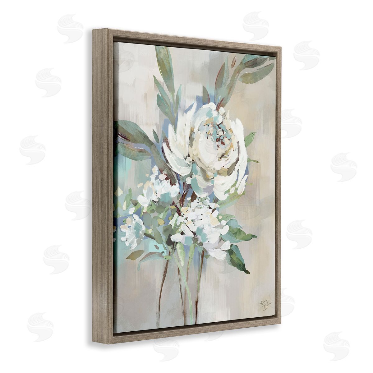 Antique Rose & Baby's Breath Brown Floating Frame Canvas Wall Art, Home Decor by Nina Blue