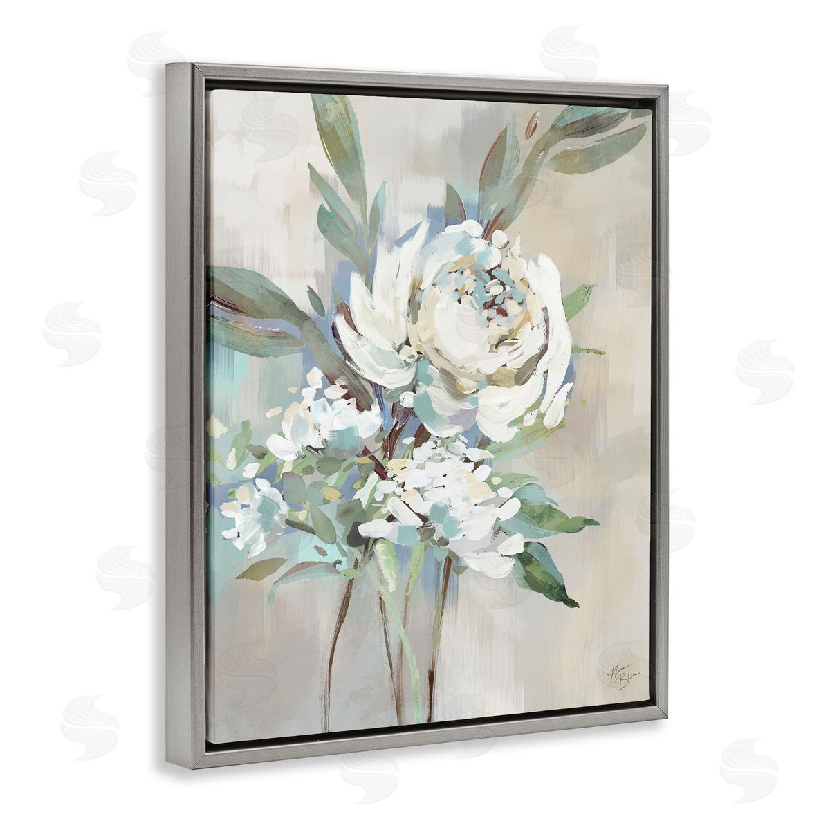 Antique Rose & Baby's Breath Grey Floating Frame Canvas Wall Art, Home Decor by Nina Blue