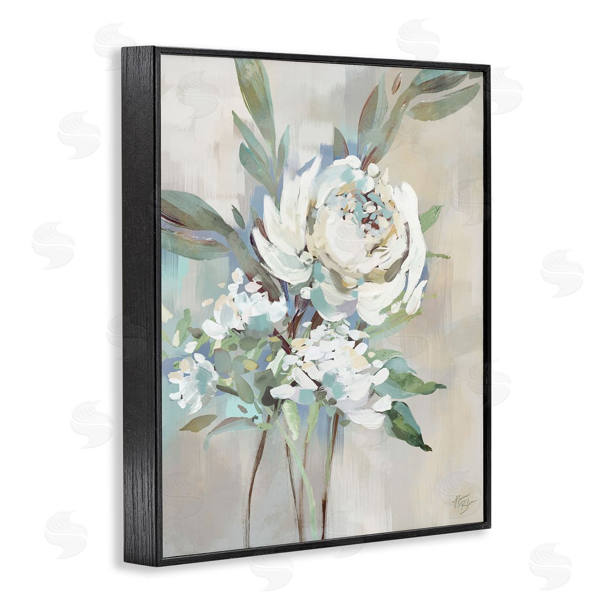 Antique Rose & Baby's Breath Black Frame Print Wall Art, Home Decor by Nina Blue