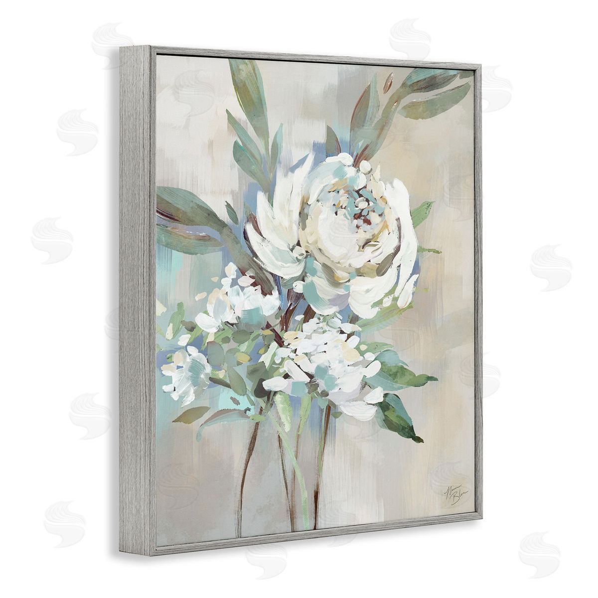 Antique Rose & Baby's Breath Grey Frame Print Wall Art, Home Decor by Nina Blue