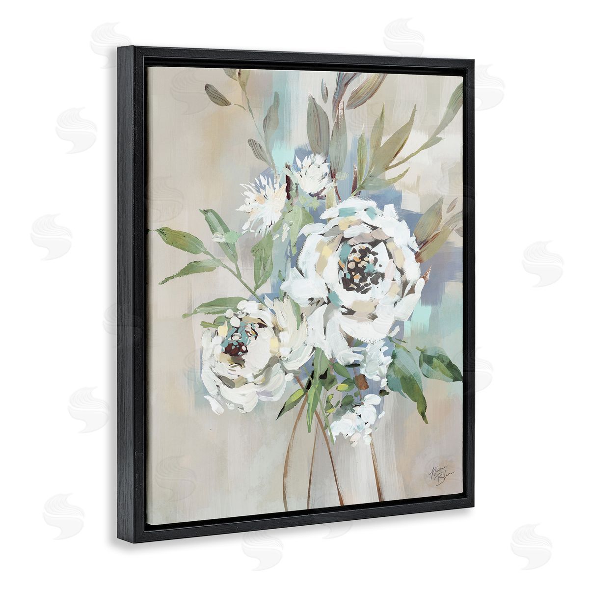 Bundle of Antique Roses Black Floating Frame Canvas Wall Art, Home Decor by Nina Blue