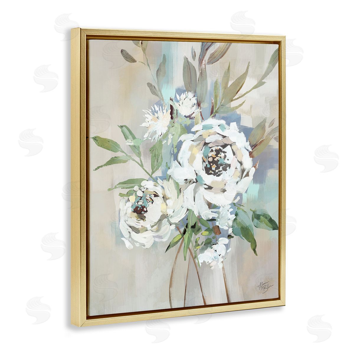 Bundle of Antique Roses Gold Floating Frame Canvas Wall Art, Home Decor by Nina Blue