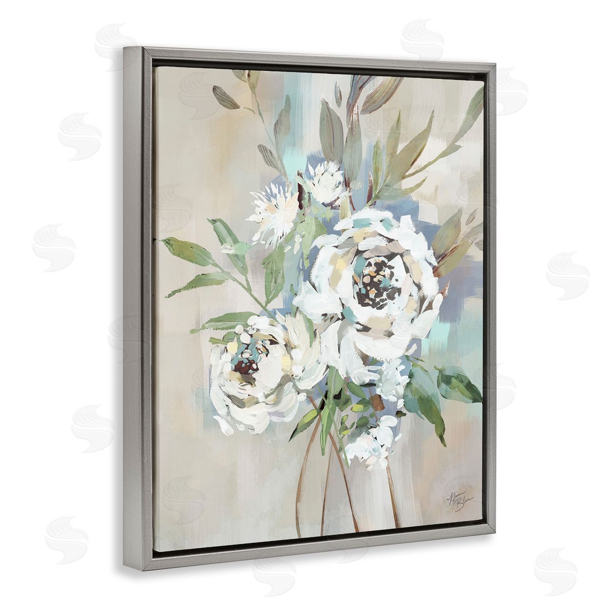Bundle of Antique Roses Grey Floating Frame Canvas Wall Art, Home Decor by Nina Blue