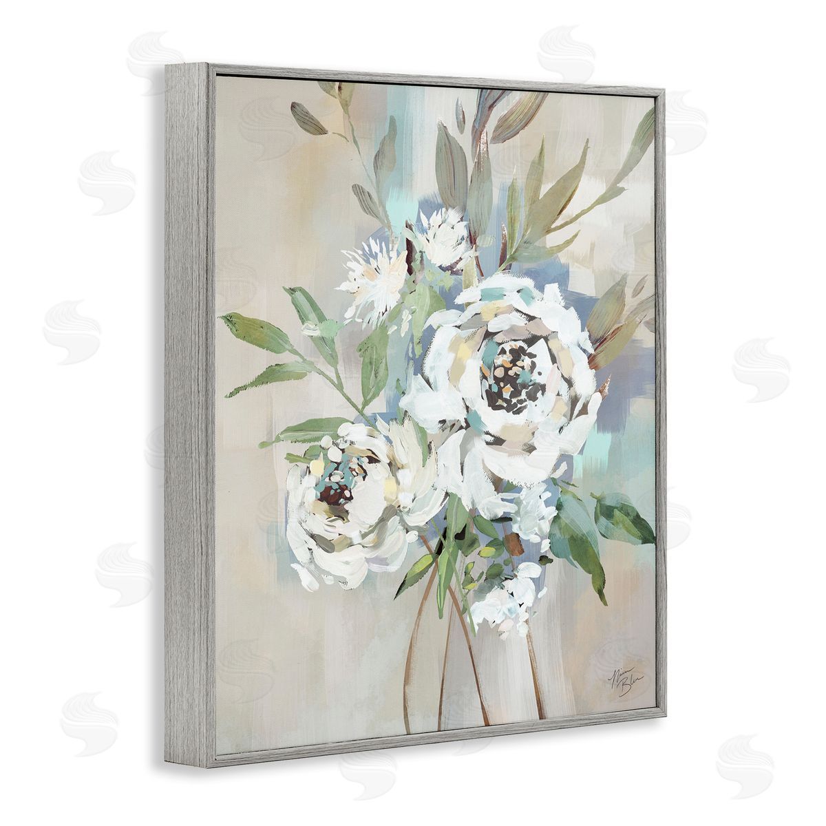 Bundle of Antique Roses Grey Frame Print Wall Art, Home Decor by Nina Blue