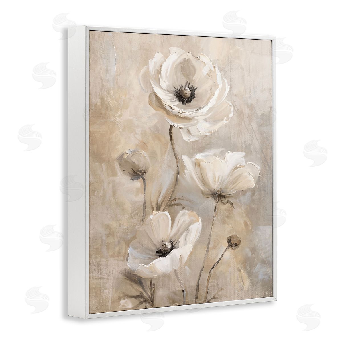 Natural Beige Poppies White Frame Print Wall Art, Home Decor by Nina Blue